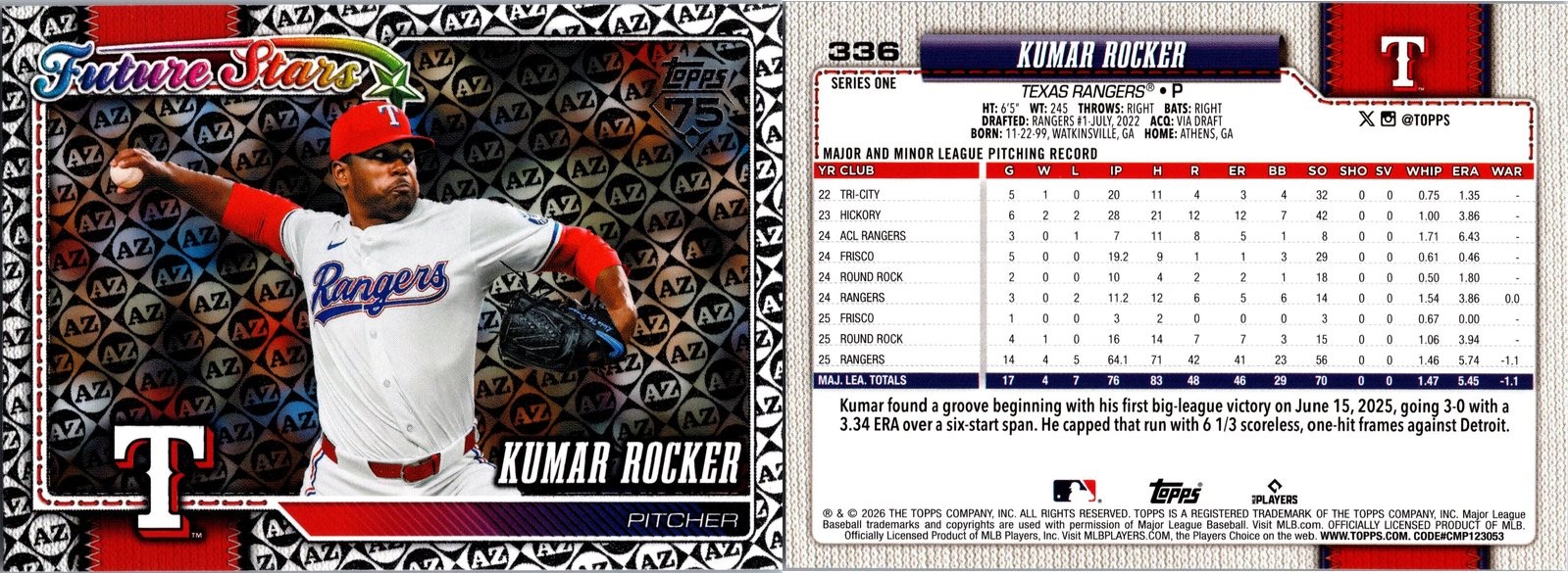 2026 Topps Series 1 KUMAR ROCKER #336 NM -062026-207
