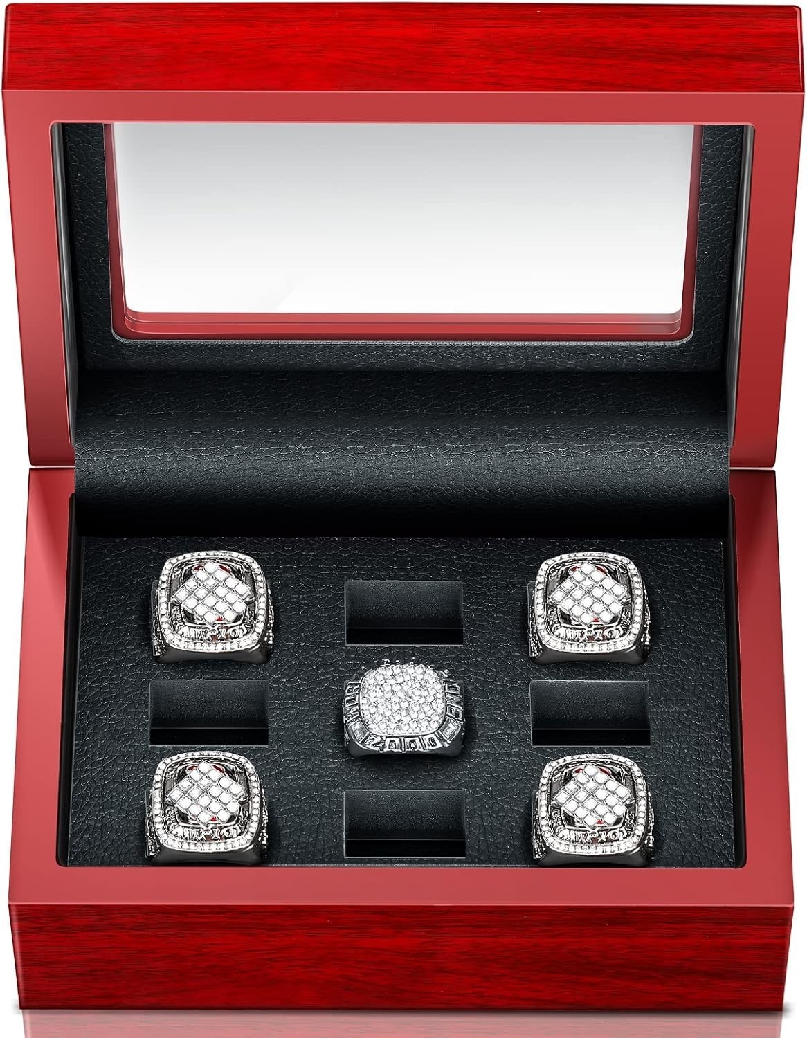 Championship Ring Display Case – Wooden Box with 9 Holes for Multiple Rings – Ba
