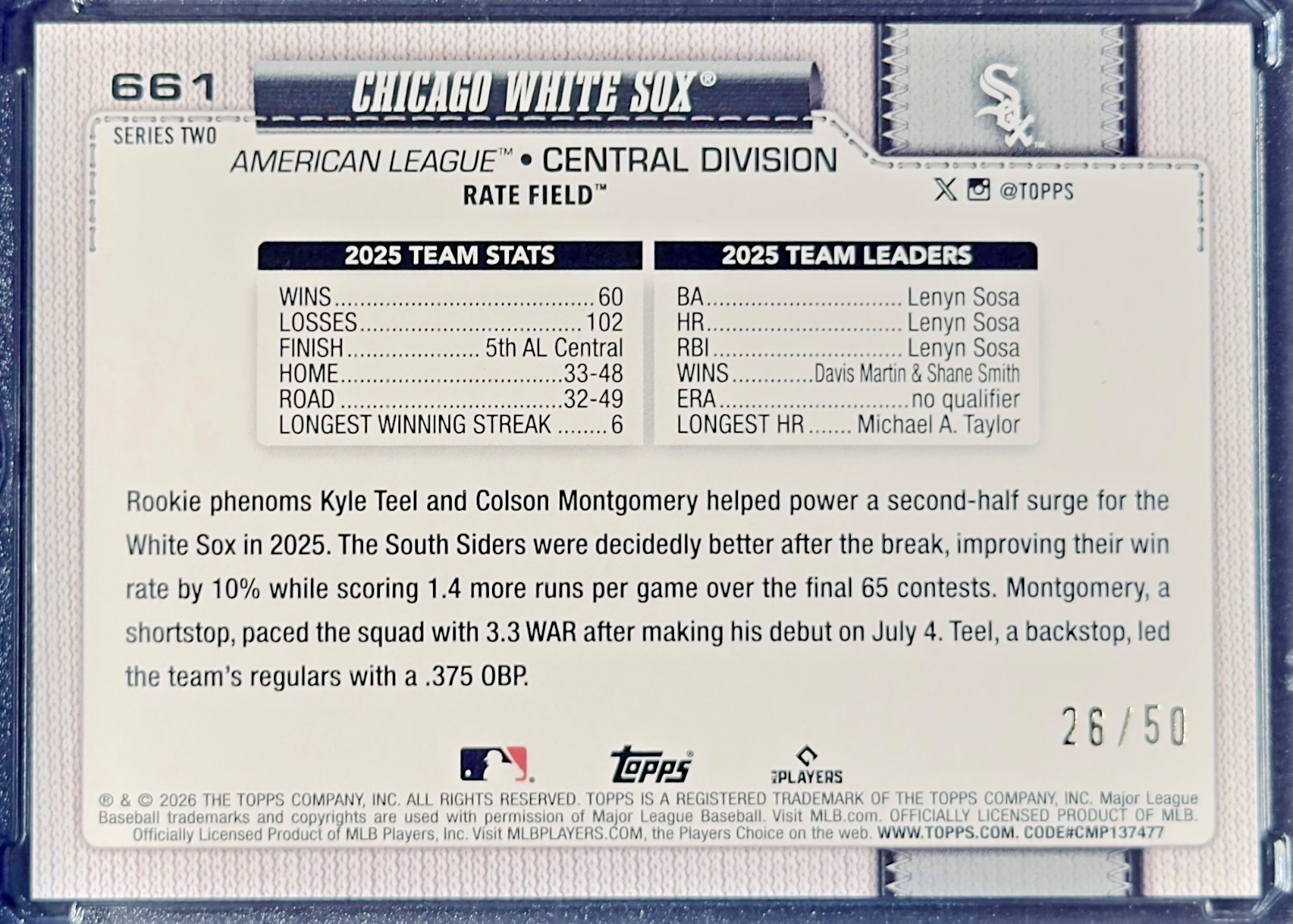 2026 Topps Series 2 Chicago White Sox Gold Diamante #’d/50 SP #661 – MLB
