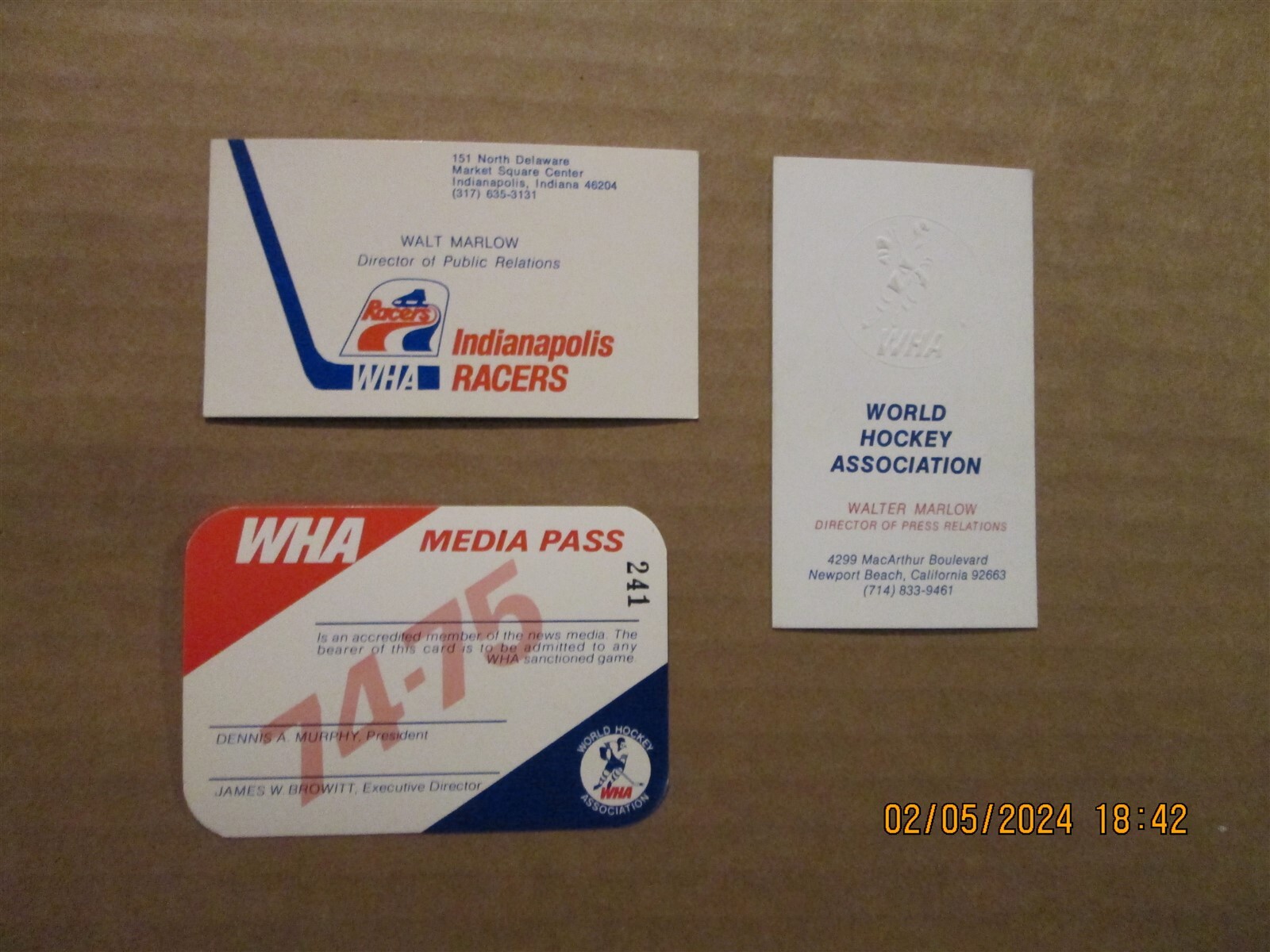 WHA Indianapolis Racers & League Business Cards & 74-75 League Logo Media Pass