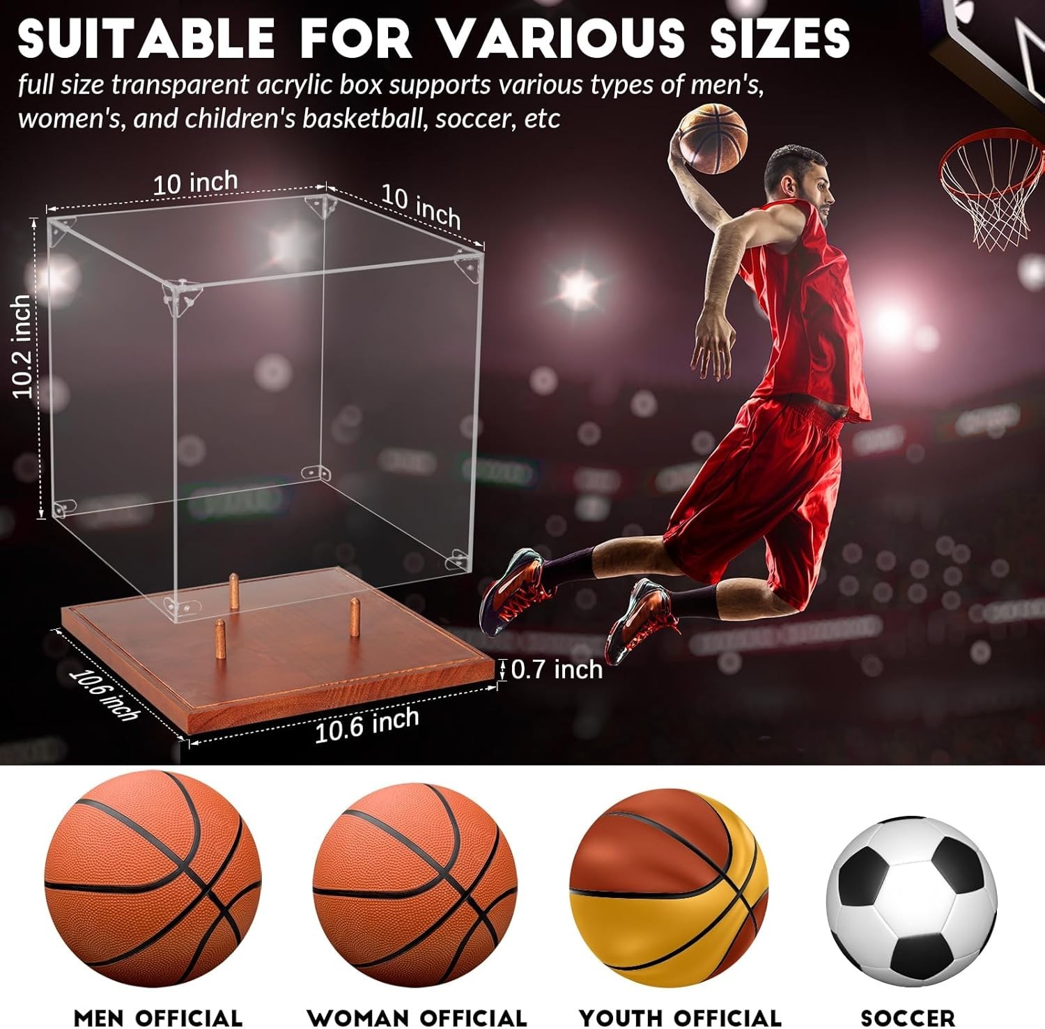 Basketball Display Case – 10″ Acrylic Box with Elegant Wooden Base