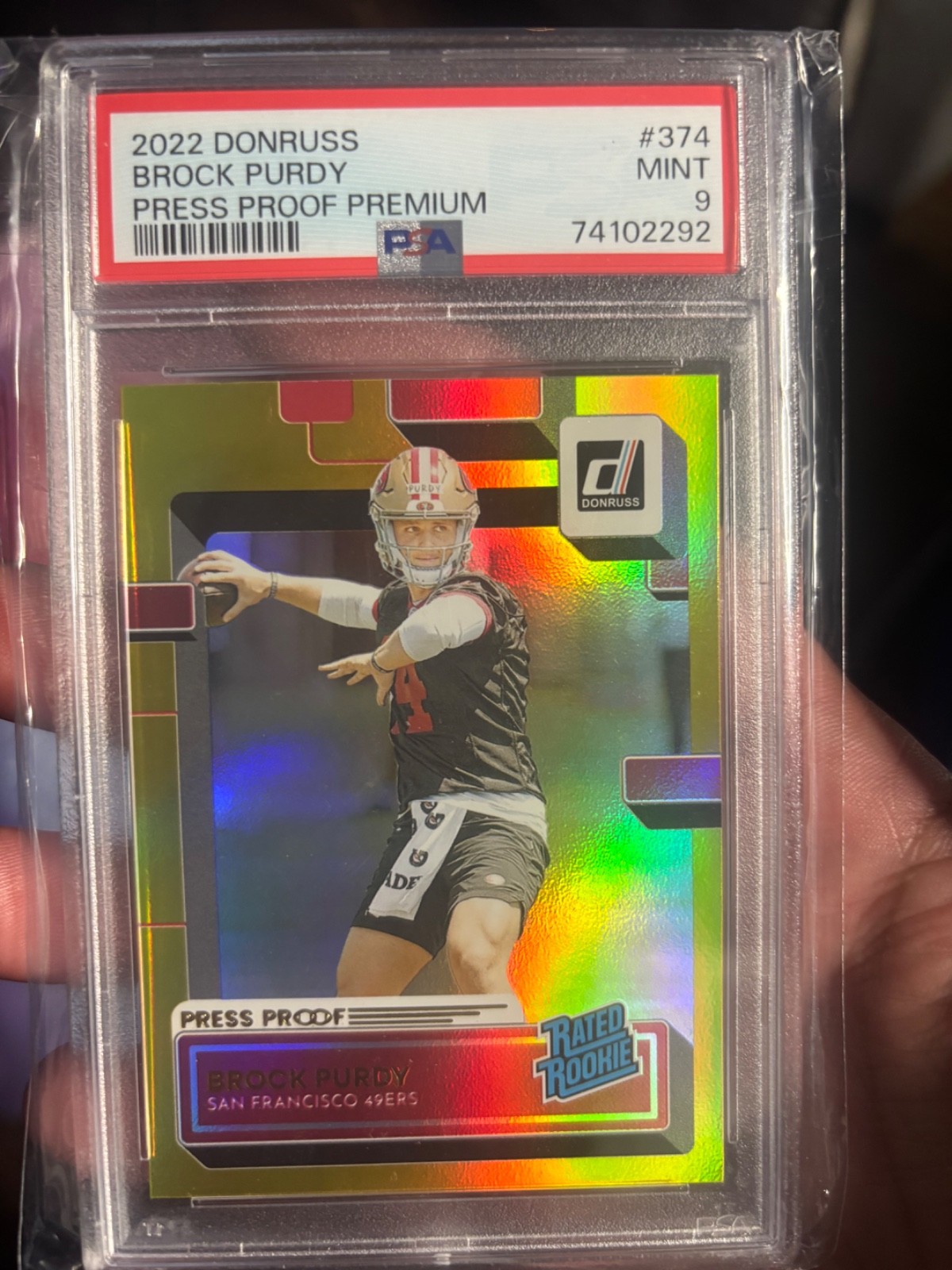 2022 Panini Donruss Press Proof Premium Rated Rookie Brock Purdy #374 PSA 9