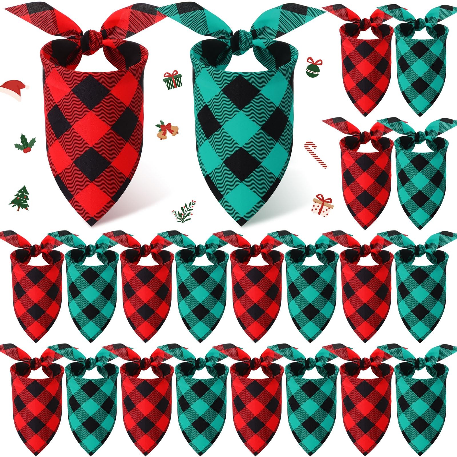 HunnmingRe 20 Pcs Christmas Dog Bandanas Bulk Buffalo Plaid Red and Green