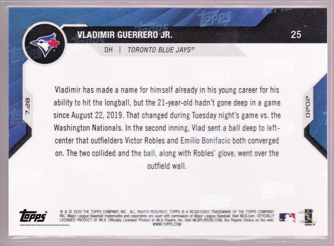 Vladimir Guerrero Jr Blue Jays 1st HR of Year 7.28 2020 Topps NOW #25 Orange 5/5