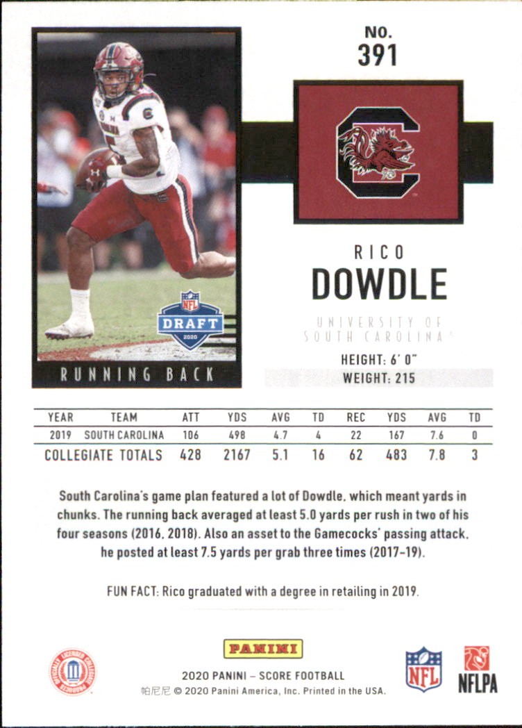2020 Score Football Card #391 Rico Dowdle RC