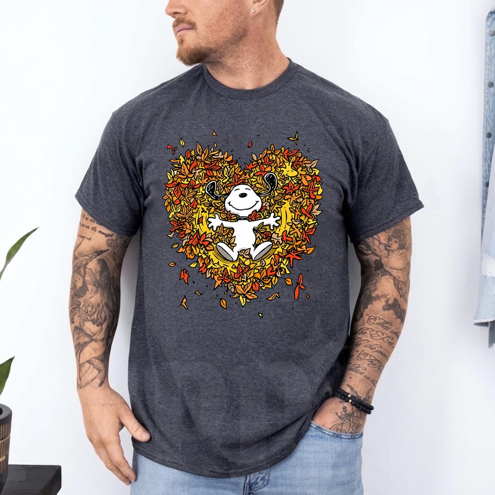 Cute Cartoon Autumn Leaves Heart Shirt, Thanksgiving Fall Graphic Tee – S to 5XL