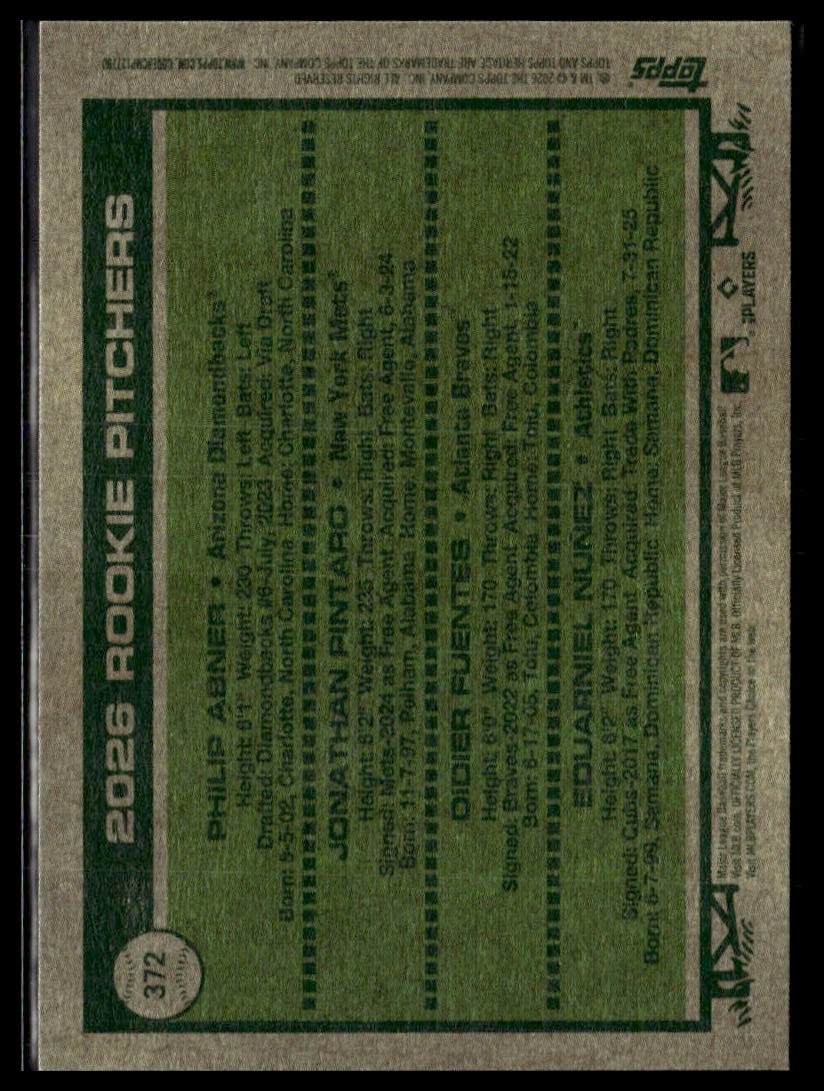 2026 Topps Heritage 372 Abner Pintaro Fuentes Nunez RC Short Print SP
