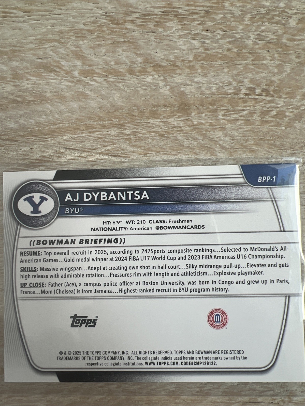 AJ Dybantsa 1st Bowman: 2025-26 Bowman Basketball -Base -BYU #BPP-1