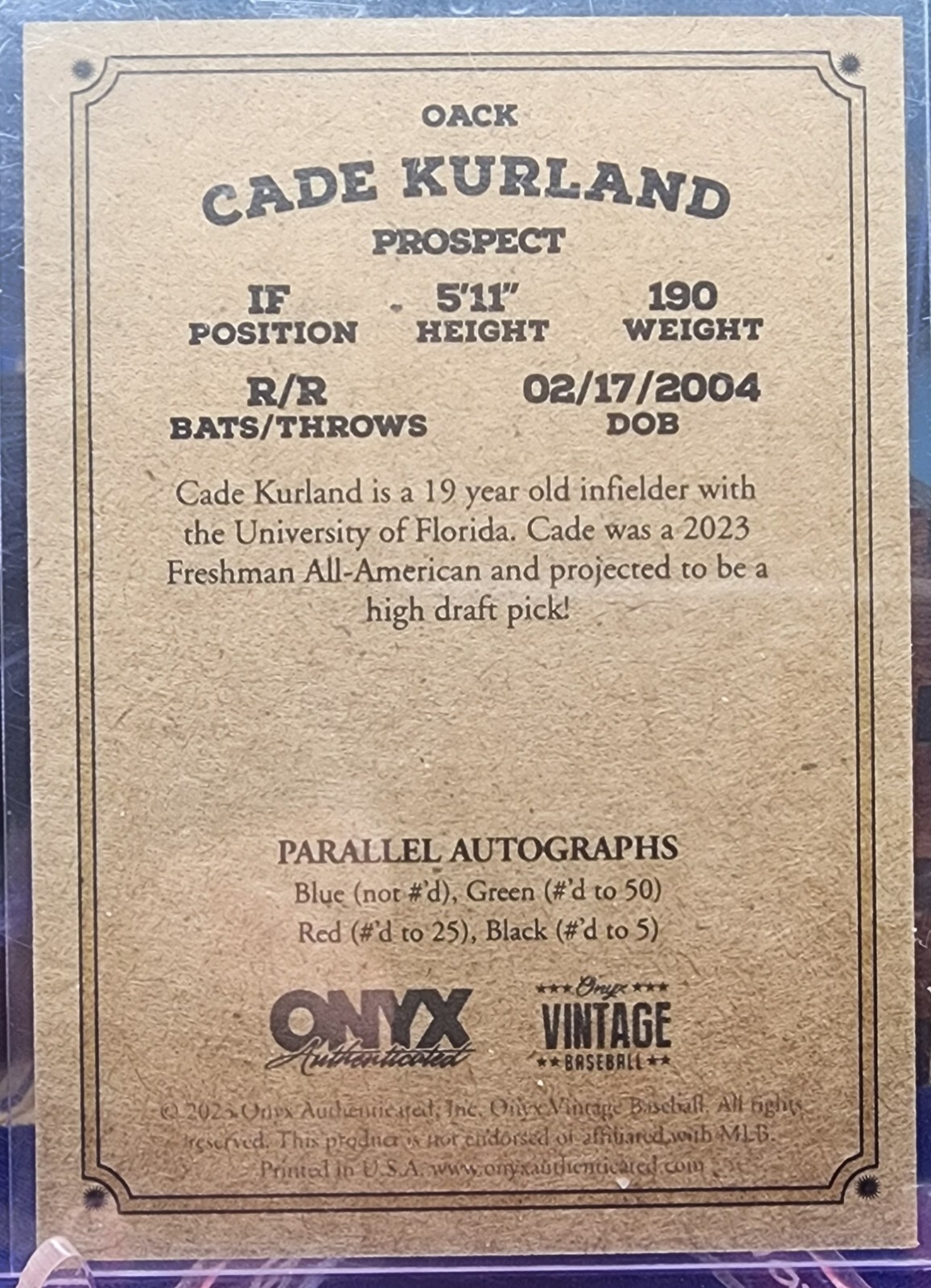 2023 Onyx Vintage Extended Blue Ink Cade Kurland Auto #OACK MINT!!!