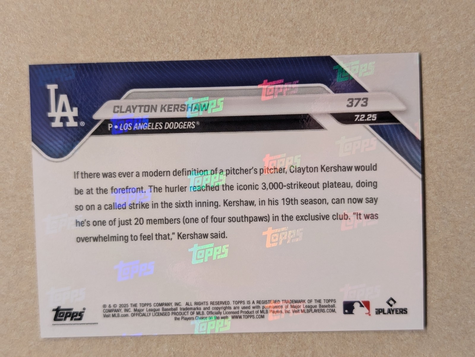 2025 Topps Now #373 – Clayton Kershaw #373 3K Strikeouts Dodgers