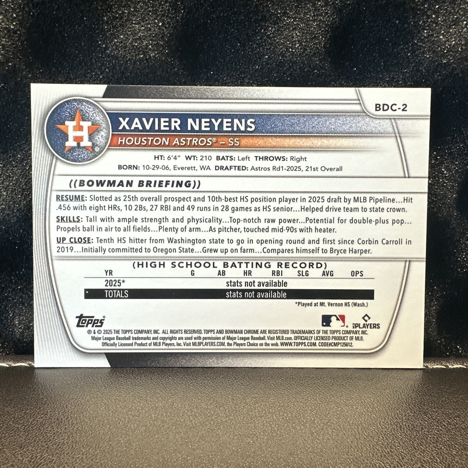 2025 Bowman Draft Xavier Neyens 1st Bowman Chrome #BDC-2 Houston Astros