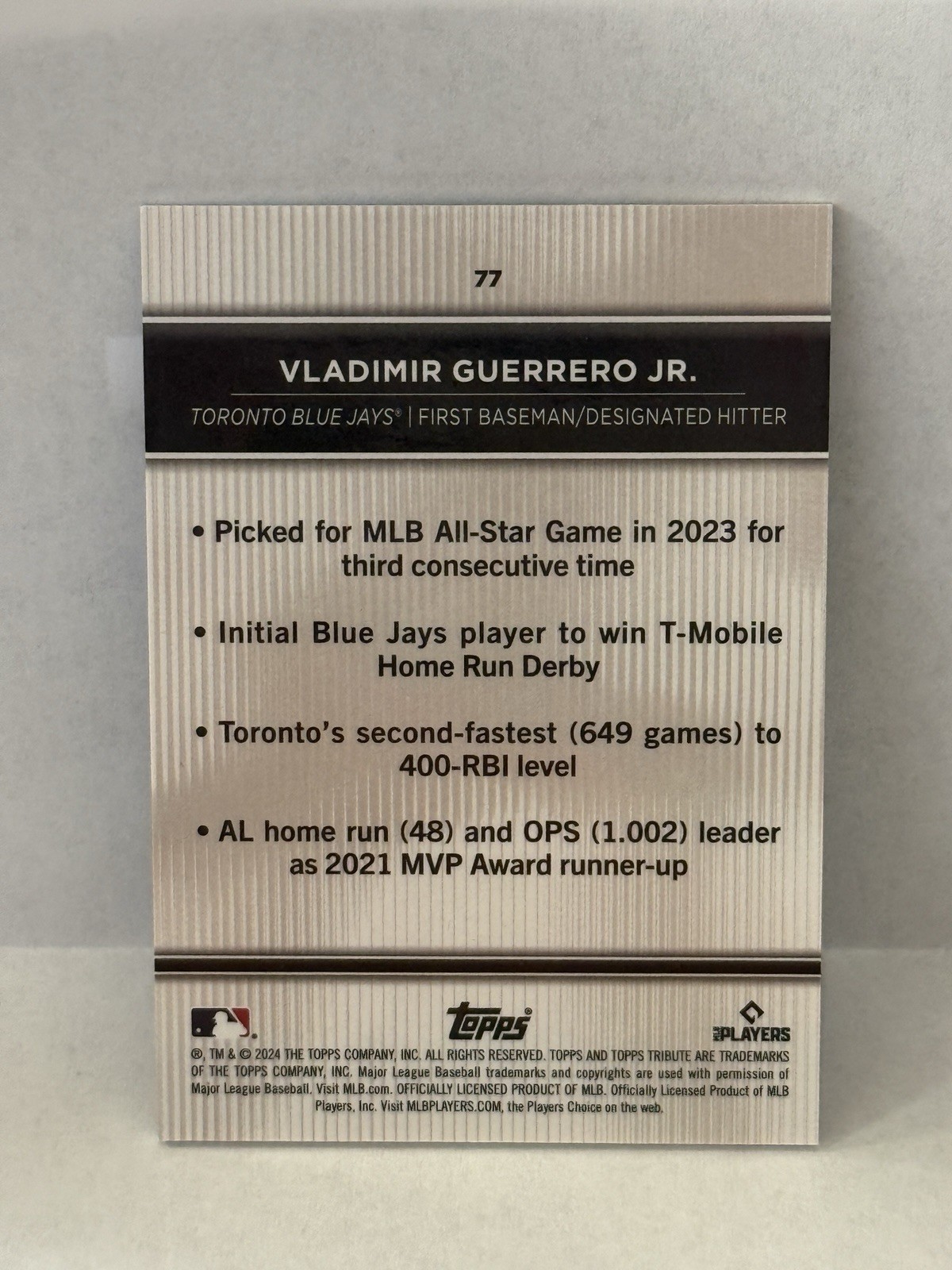 2024 TOPPS TRIBUTE #77 VLADIMIR GUERRERO JR. PURPLE REFRACTOR 21/50 BLUE JAYS