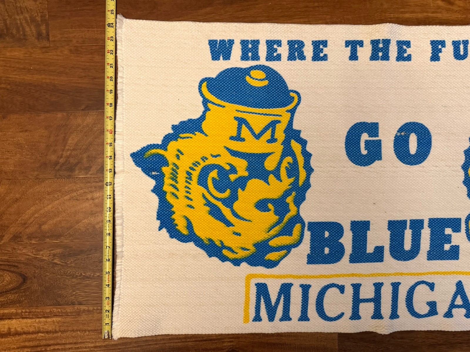 Vintage RARE Michigan Wolverines GO BLUE Tapestry Rug Banner Washable 42”x24”