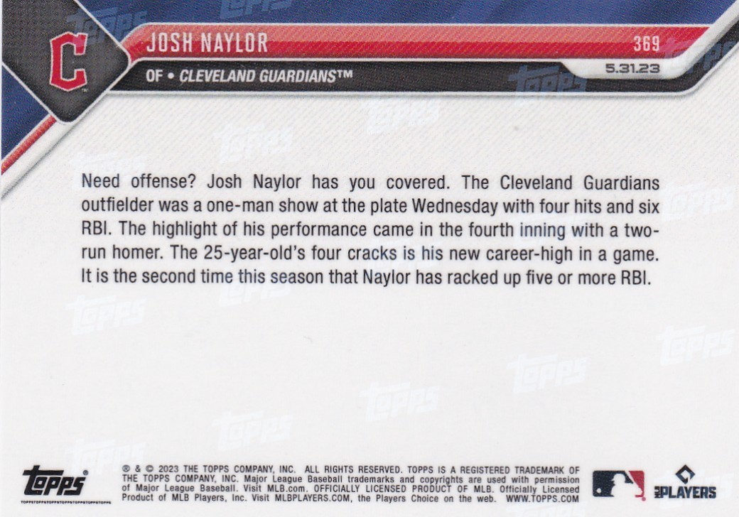 2023 TOPPS NOW #369 JOSH NAYLOR- CLEVELAND GUARDIANS