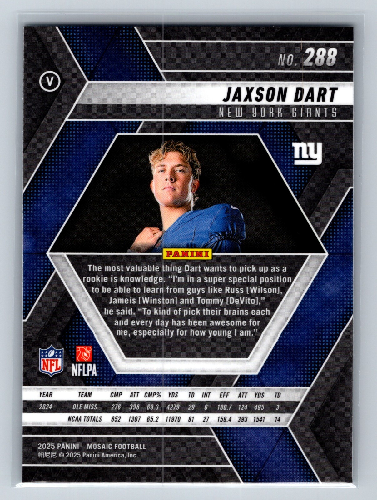 Jaxson Dart 2025 Panini Mosaic Rookie Variations RC #288 Giants