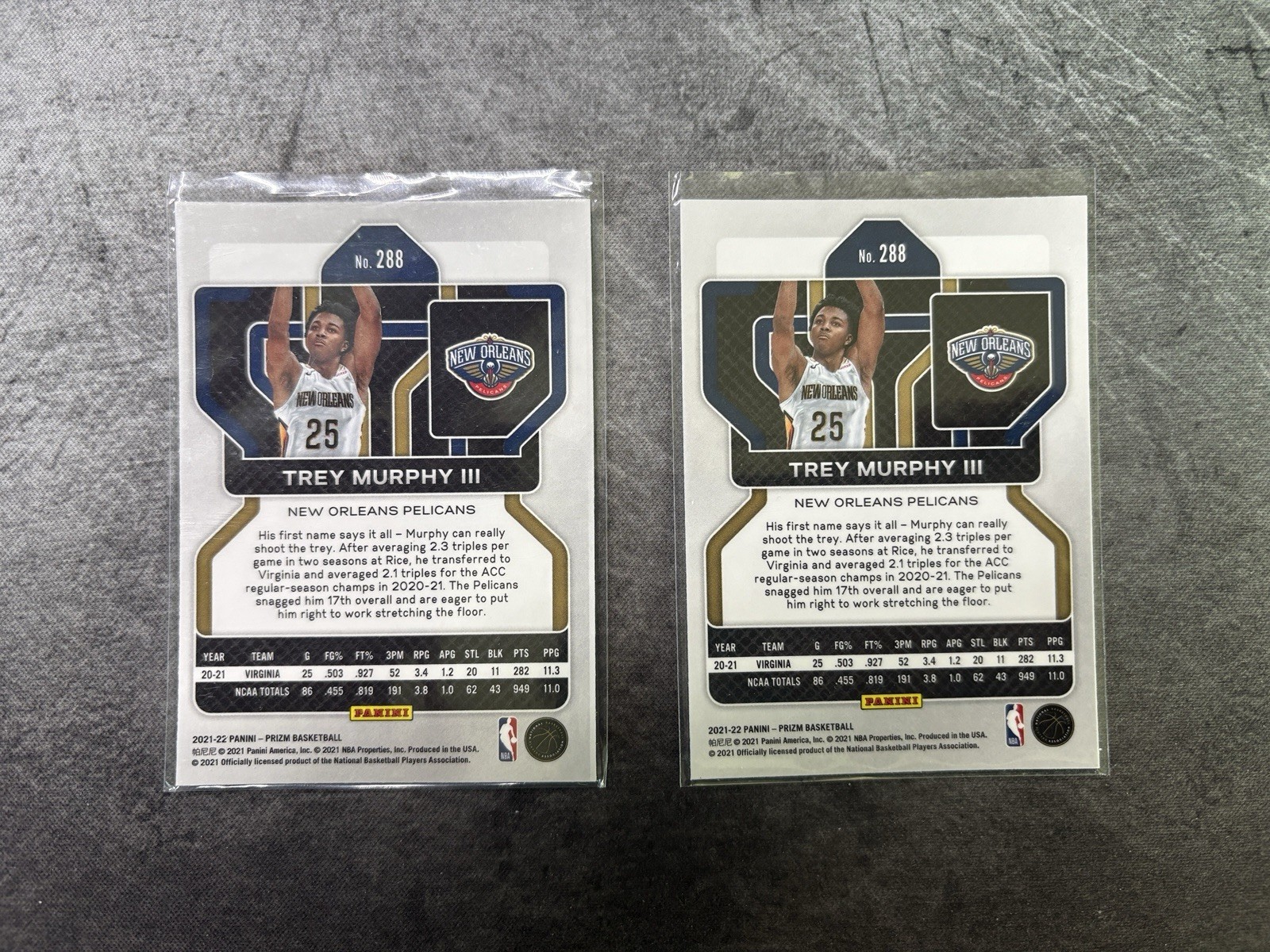 Trey Murphy Rookie 2021-22 Prizm Basketball #288 RC Pelicans – 2 Cards LOT