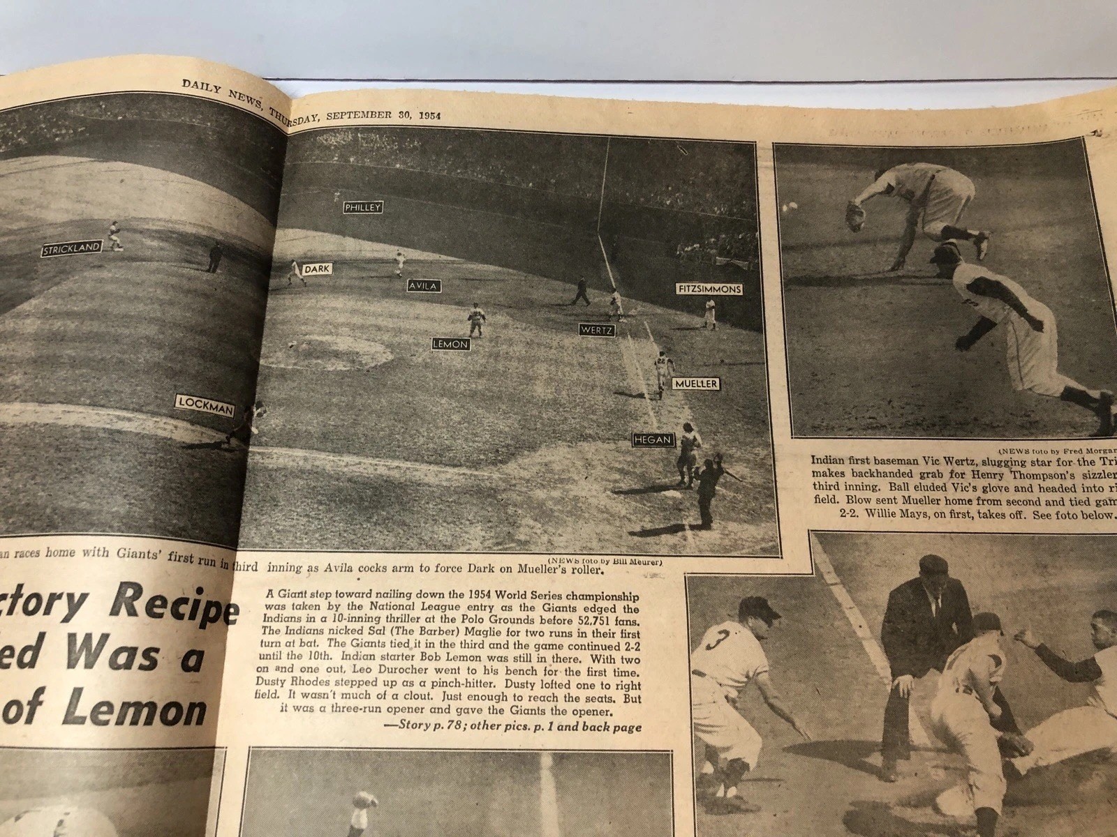“THE CATCH” Willie Mays Newspaper Daily News NY 1954 MLB World Series Game 1 Sep