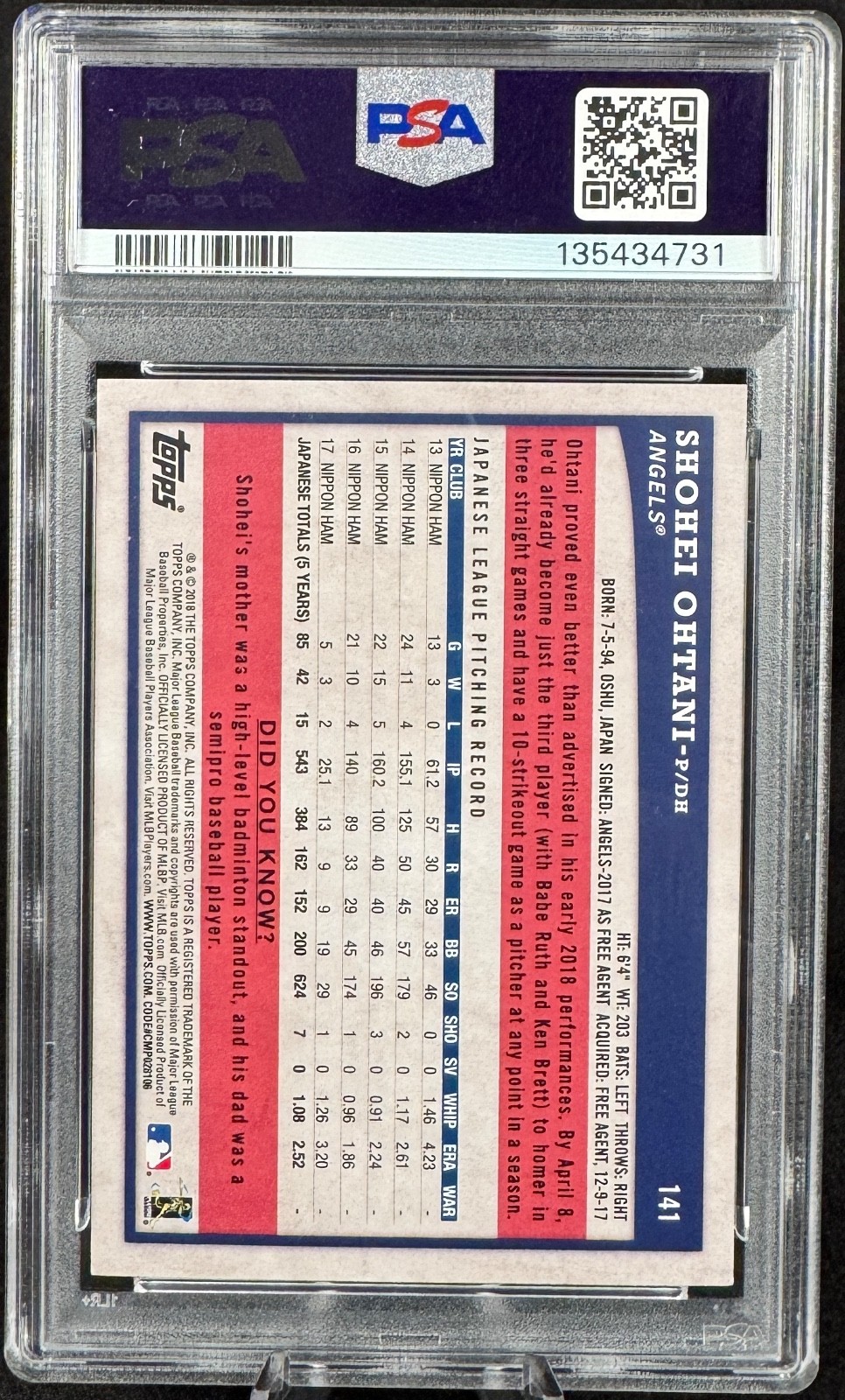 Shohei Ohtani 2018 Topps Big League #141 *Gold* Parallel Rookie RC Clean PSA 9