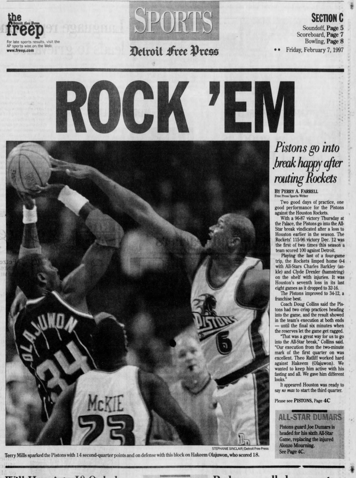 Hakeem Olajuwon 18pt Grant Hill 16pt 8ast Ticket Stub 2-6-1997 Rockets Pistons