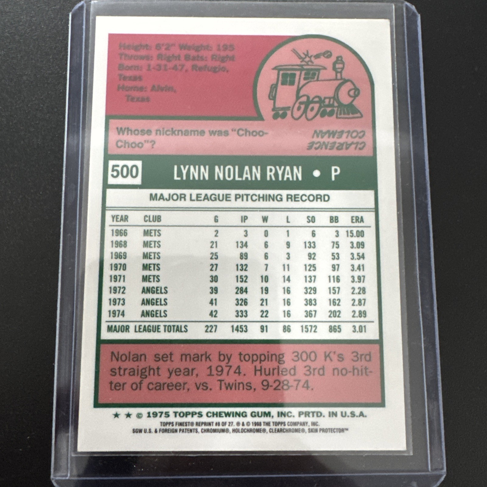 1999 Topps – Nolan Ryan Reprints Nolan Ryan #8 Refractor Finest 1975 Topps