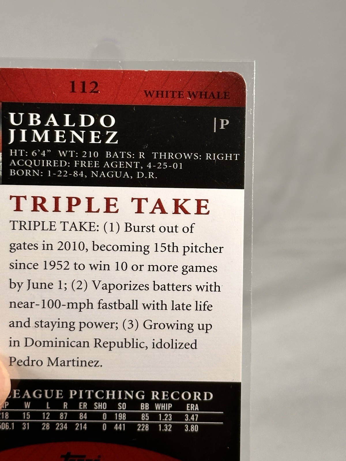 #112 Ubaldo Jimenez 2010 Topps Triple Threads – White Whale Printing Plate 1/1