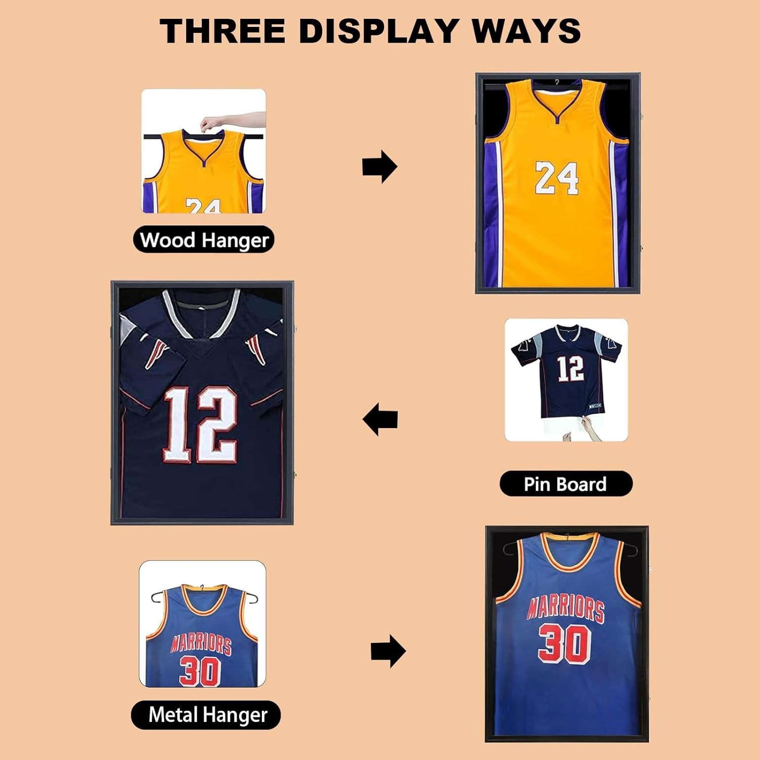Black Wooden Jersey Display Case with UV-Protected Acrylic & Three Mounting O…