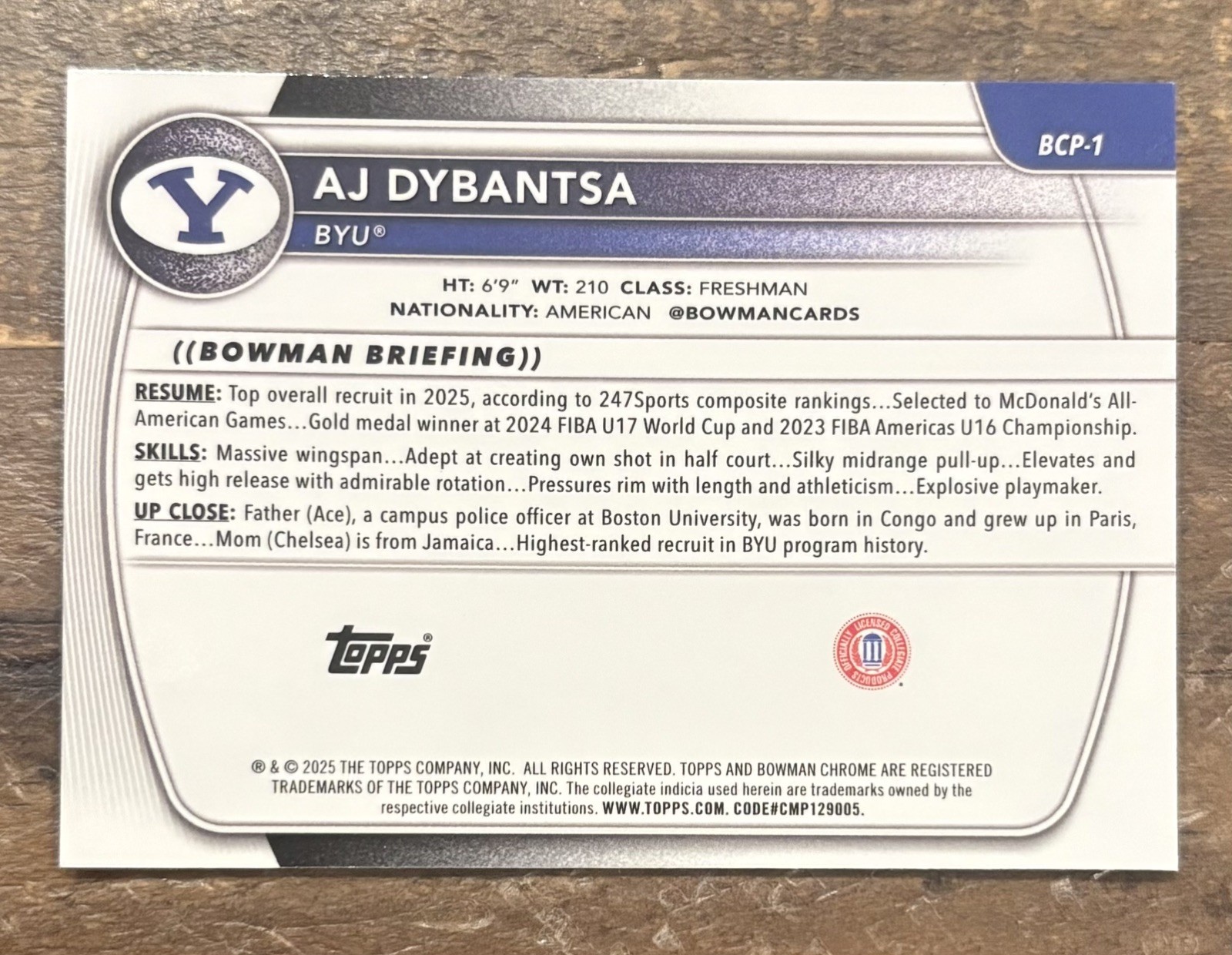 AJ Dybantsa 2025-26 Bowman Chrome Reptilian Refractor 1st Rookie #BCP-1