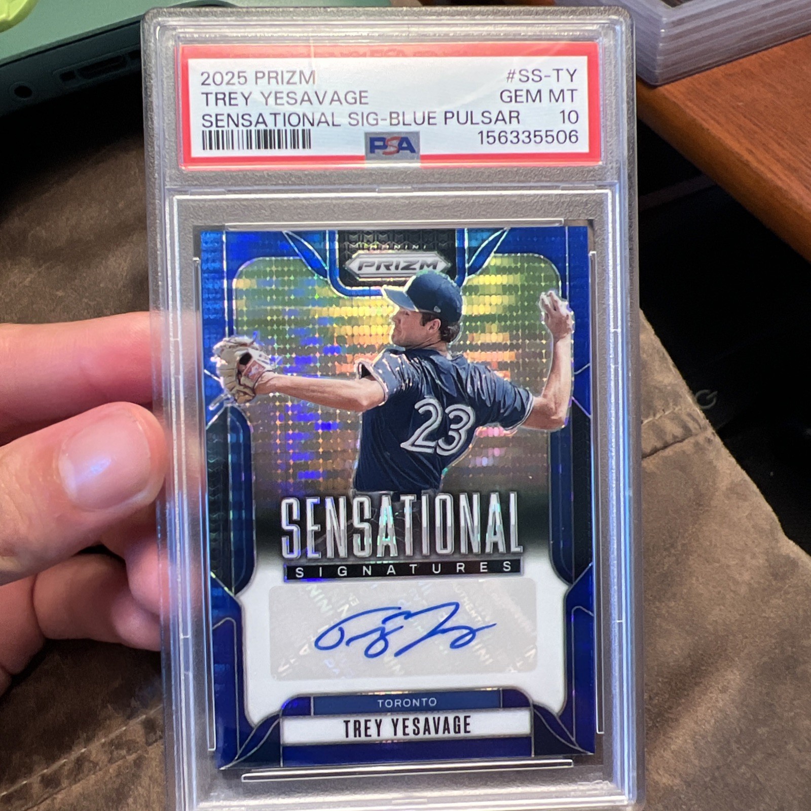2025 Panini Sensational Signatures Trey Yesavage #SS-TY Blue Pulsar /49 PSA 10