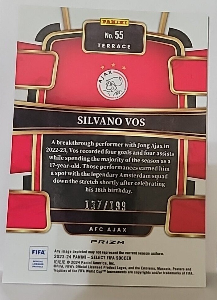 2023-24 Panini Select FIFA – Terrace Pink Mojo Prizm #55 Silvano Vos /199 (RC)