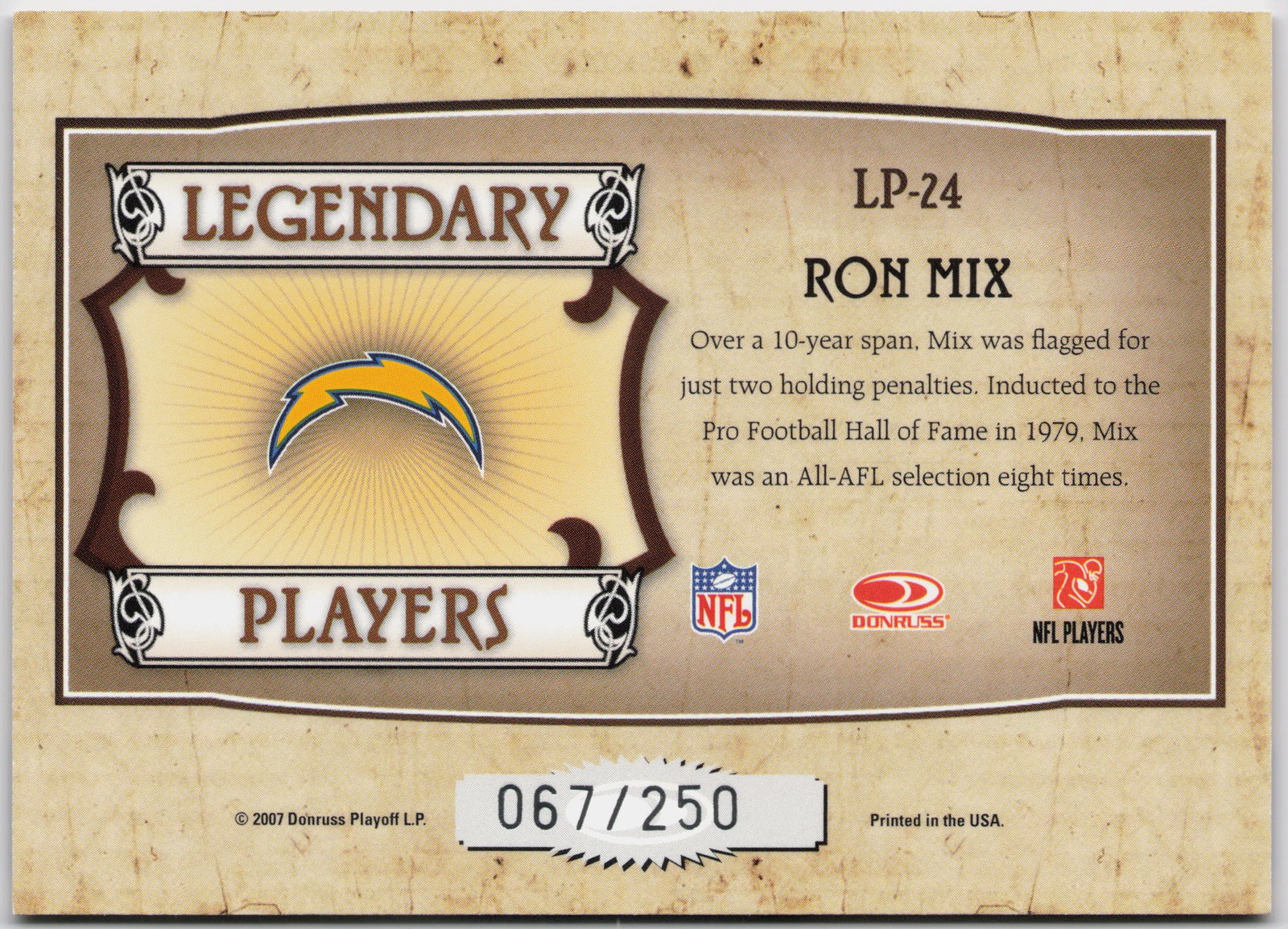 2007 Donruss Classics #LP-24 Ron Mix Legendary Players Silver #/250