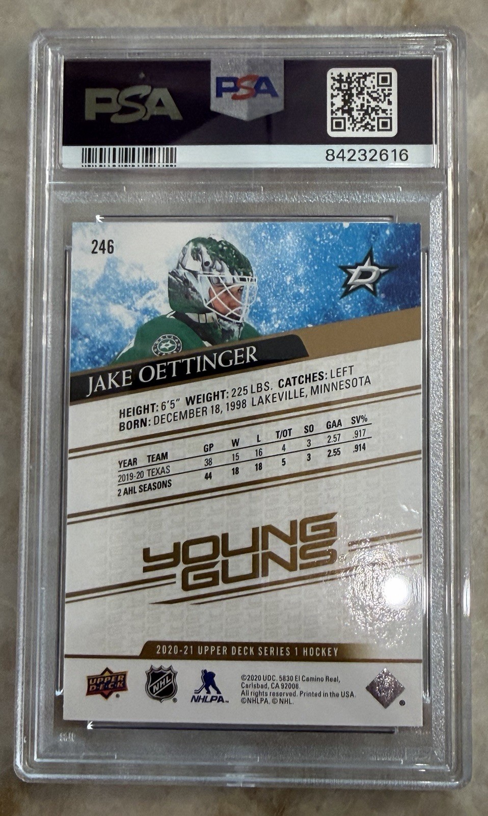 Upper Deck 2020-21 Young Guns Jake Oettinger #246 Speckled PSA 10