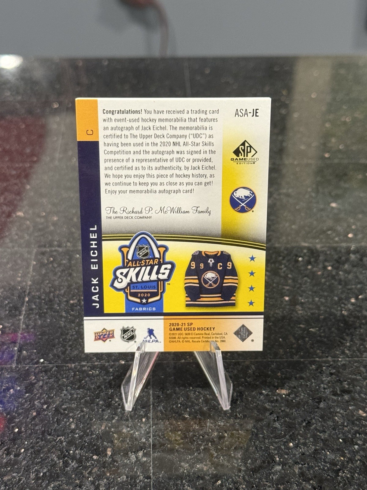 Jack Eichel 2020-21 UD SPGU NHL All Star Skills Laundry Tag Auto 1 Of 1