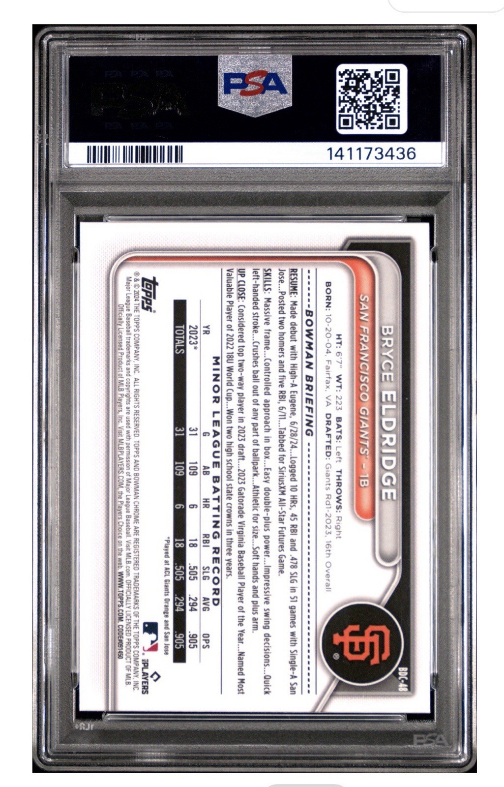 Bryce Eldridge (#/75 )Yellow 2024 Bowman Draft Sapphire Rookie Giants Card PSA 9