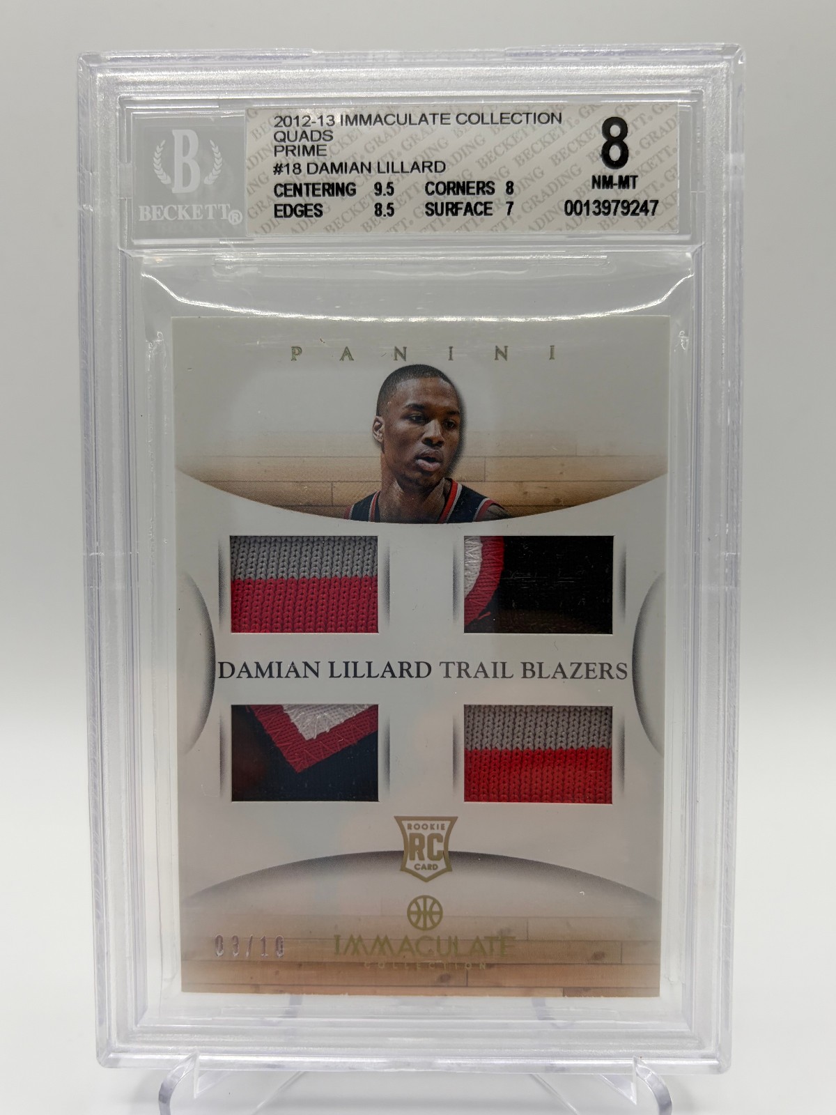 DAMIAN LILLARD 2012-13 IMMACULATE QUAD PRIME PATCH RC GOLD 03/10 BGS 8 BLAZERS!!