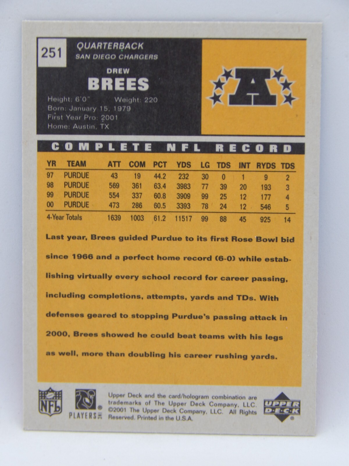 2001 Upper Deck Vintage Football – RC #251 Chargers – DREW BREES