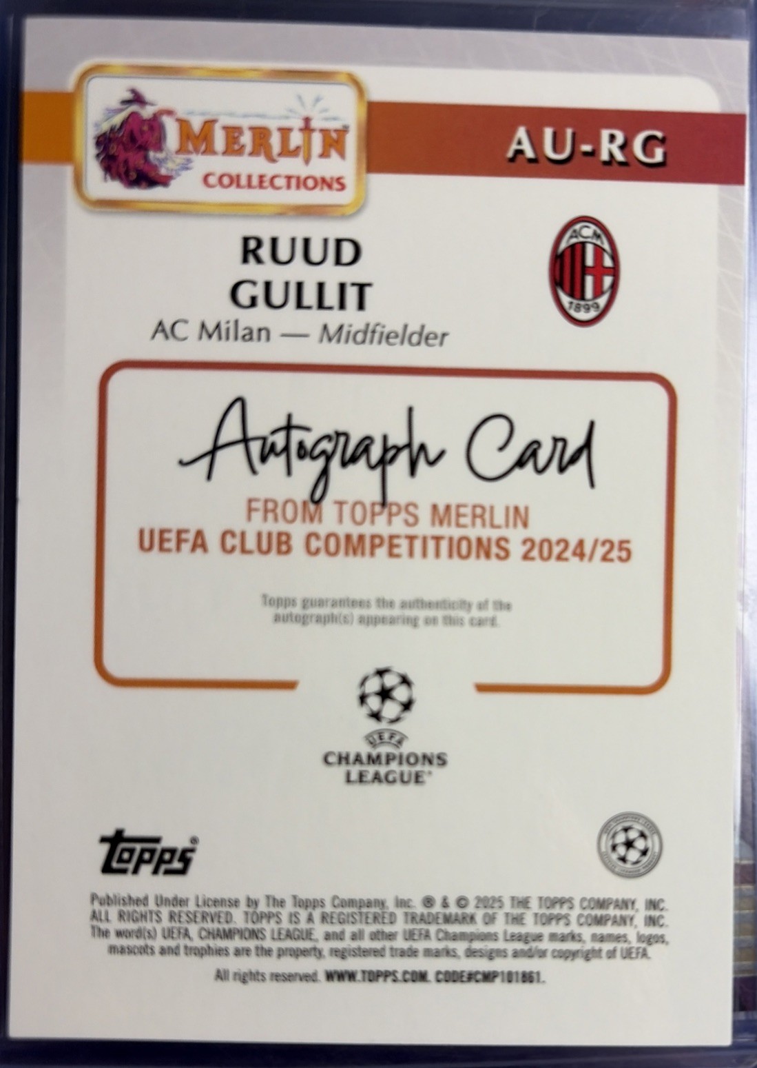 2024-25 Topps Merlin Chrome UEFA Ruud Gullit Auto Aqua Refractor 1/75 Milan