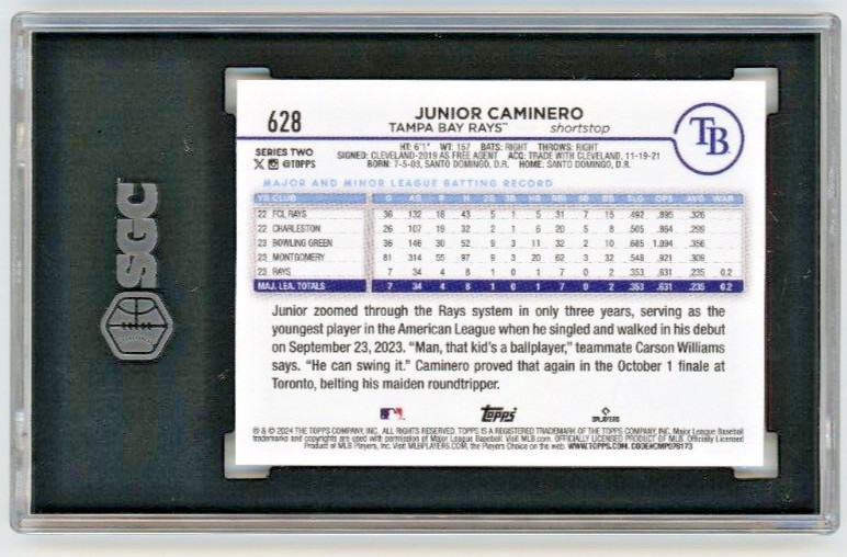 2024 Topps Series 2 Junior Caminero Rookie # 628 SGC 10