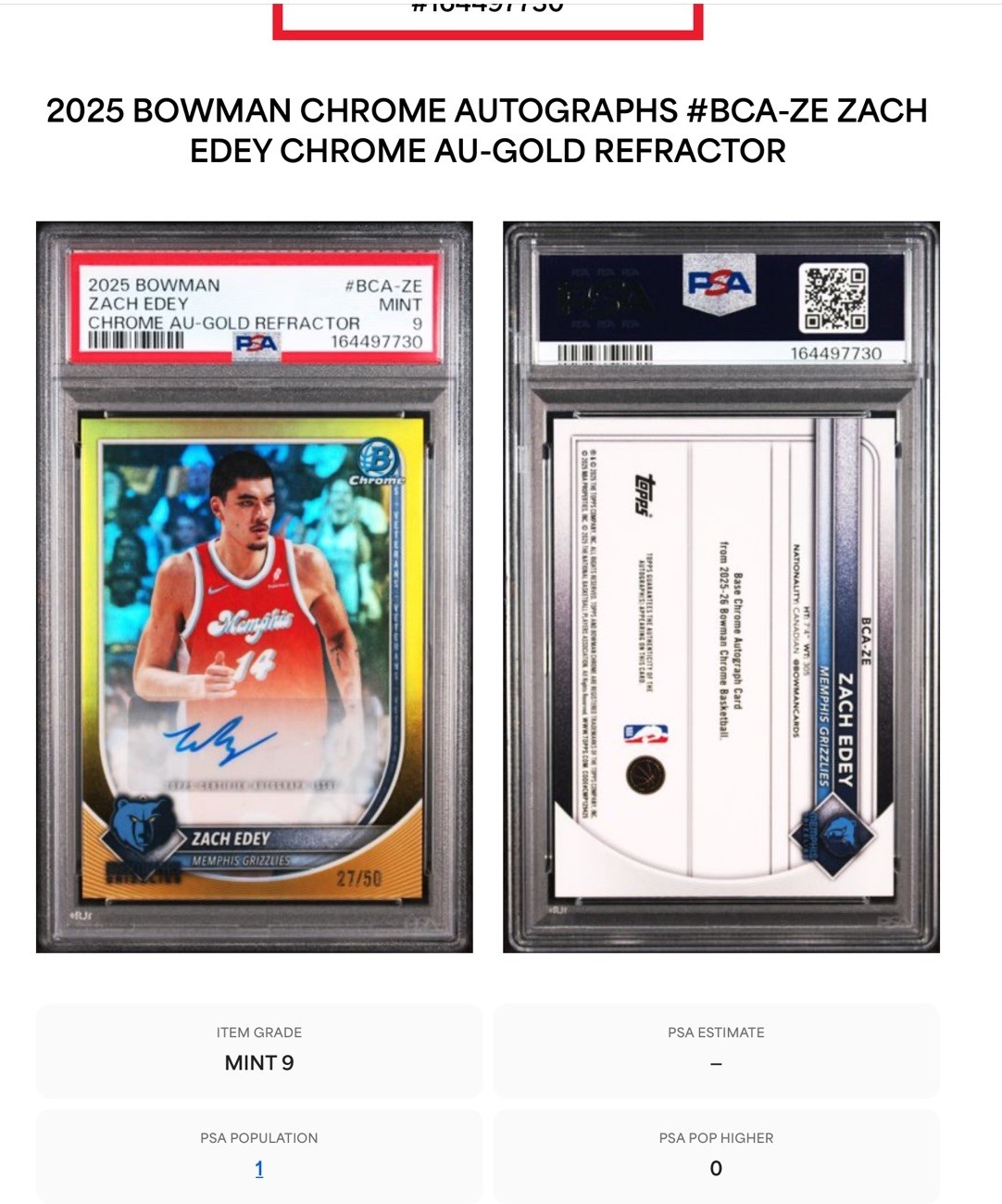 🔥2025 Bowman Chrome #BCA-ZE Autograph Gold Refractor 27/50 Zach Edey Psa9