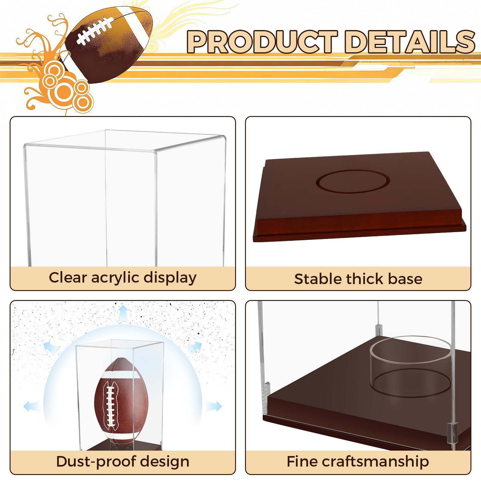 Clear Acrylic Football Display Case With Wooden Base UV Protection Box