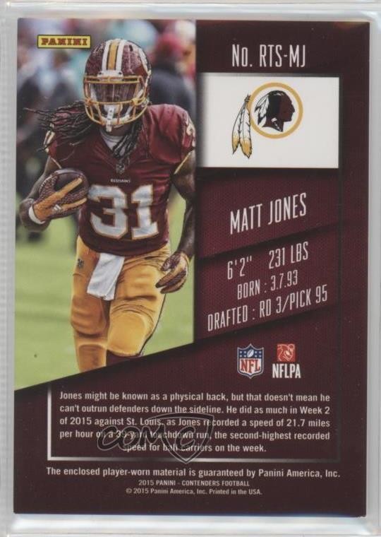 2015 Contenders Rookie Ticket Swatches Matt Jones (Standing Upright) RC 03wd