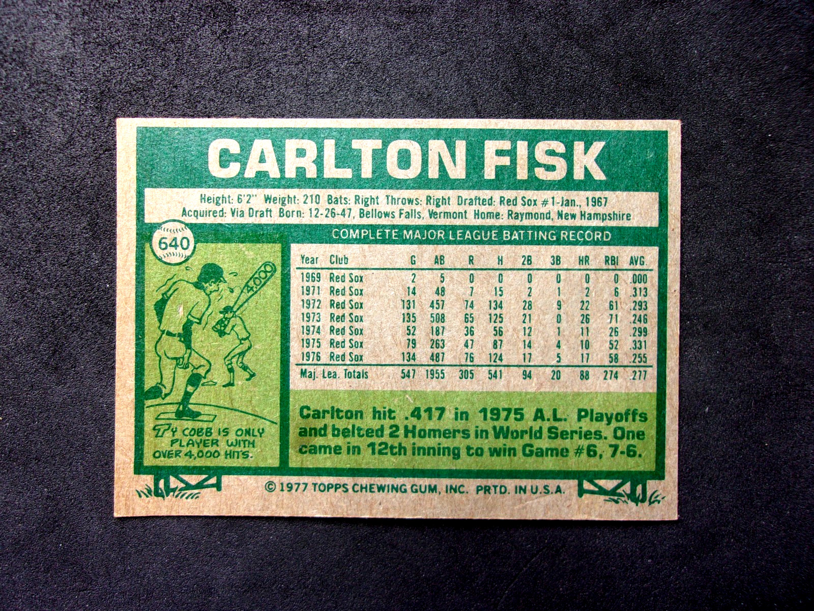 1977 TOPPS #640 CARLTON FISK WITH 1 INCH CREASE BOTTOM RIGHT..RED SOX..HOFAMER