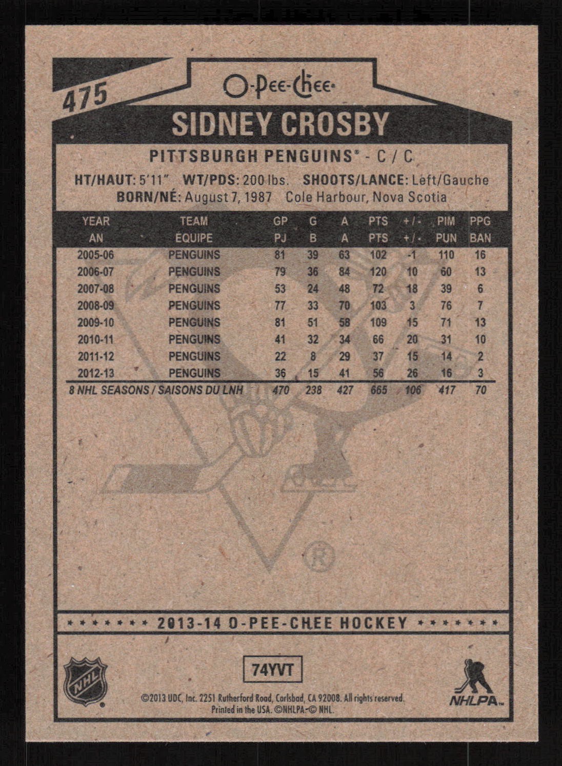 2013-14 O-Pee-Chee #475 Sidney Crosby Card