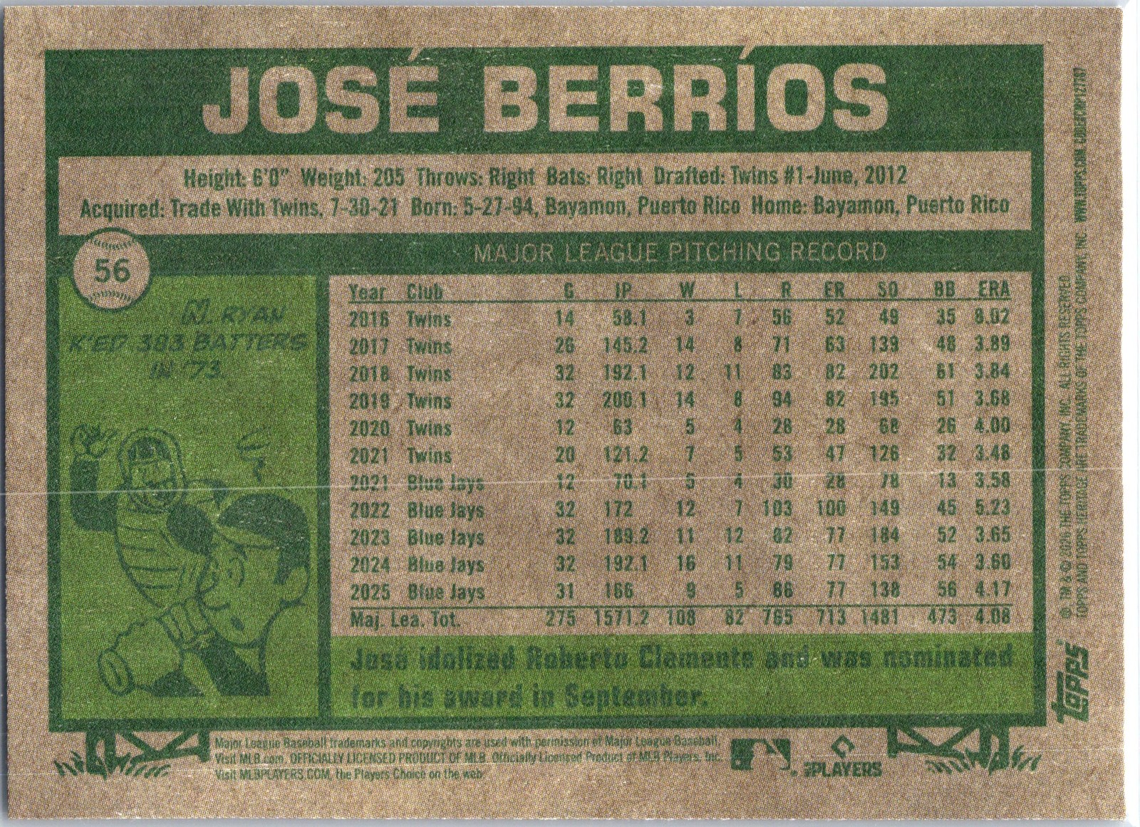 2026 Topps Heritage #56 José Berríos Dark Gray Toronto Blue Jays