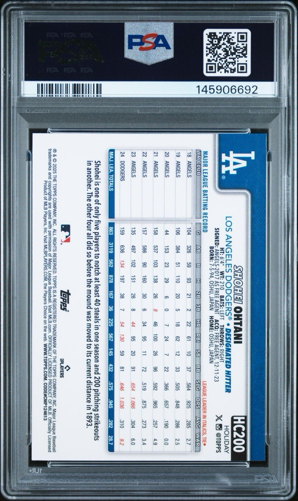 2025 Topps Holiday – Chrome Shohei Ohtani #HC200 Blue Sparkle Refractor /199