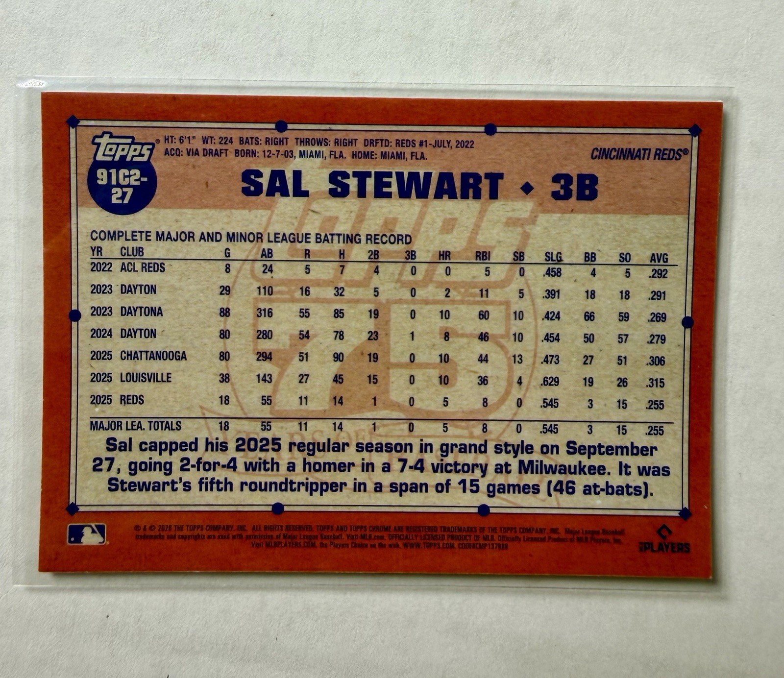 Sal Stewart 2026 Topps Series 2 #91C2-27 Silver Pack Mojo Refractor RC Reds
