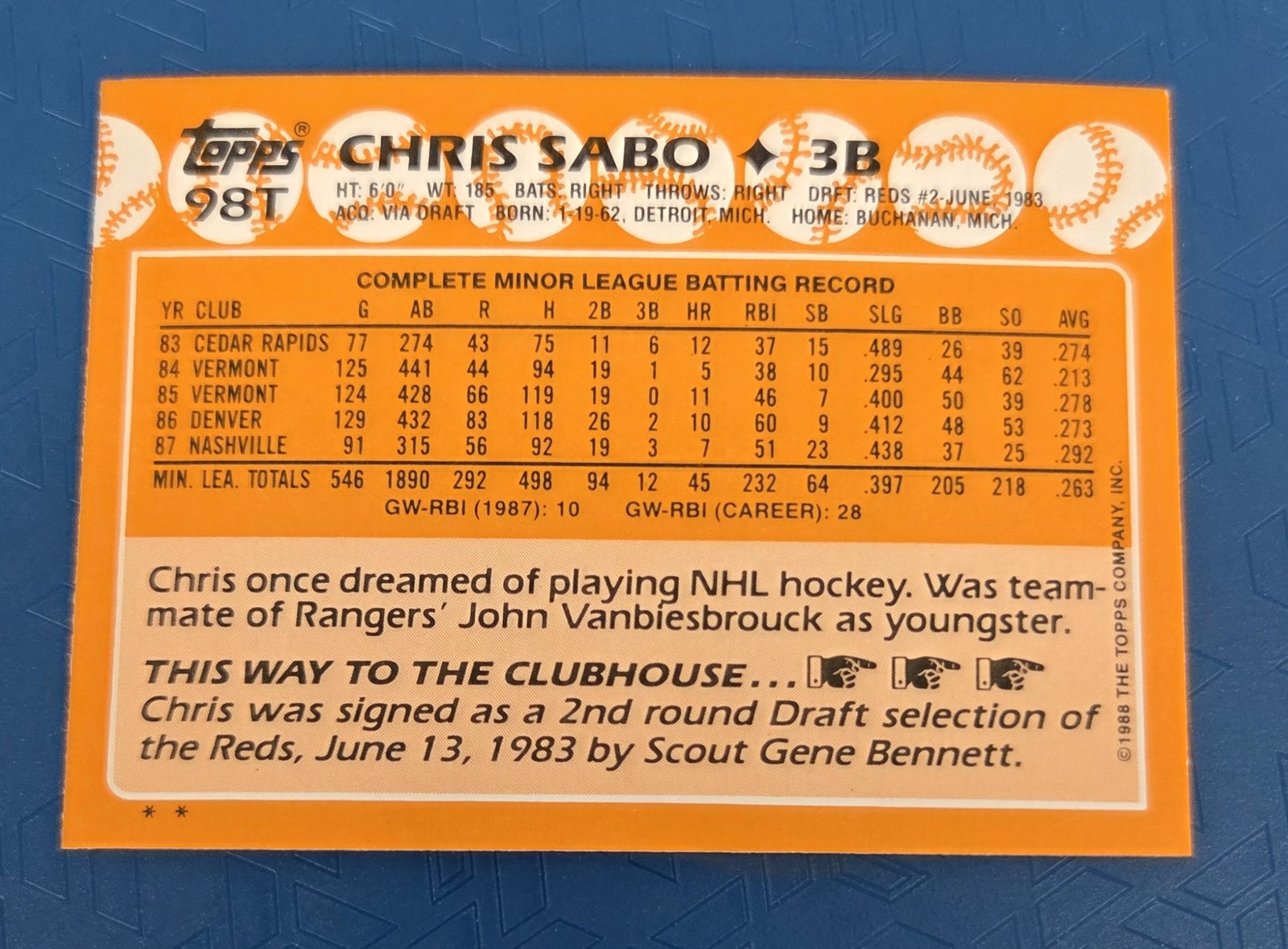 1988 Topps Traded RC #98T Chris Sabo Cincinnati Reds BASEBALL Card 6G