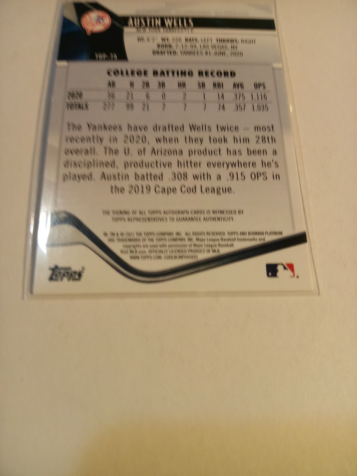 2021 Bowman Platinum – Top Prospects Austin Wells #TOP-75 Autographs (AU, RC)