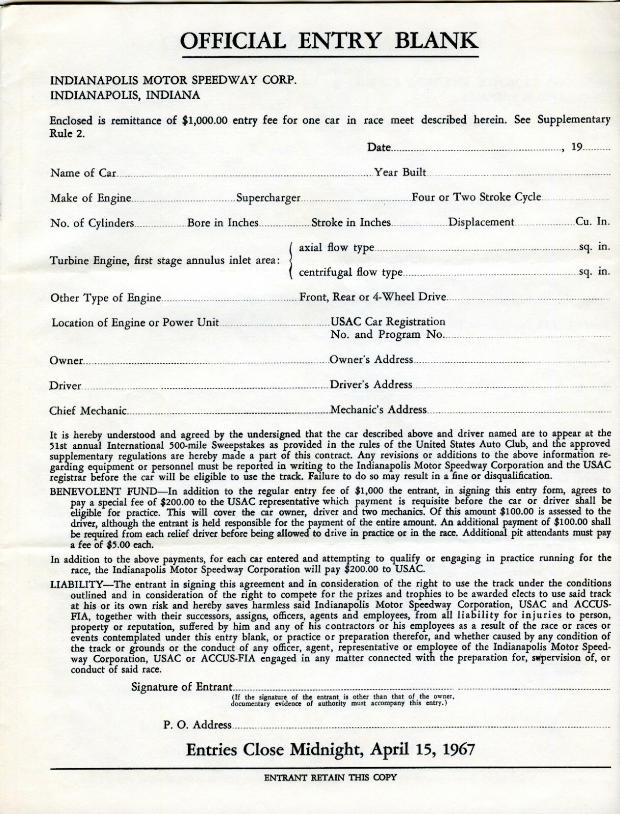 Indy 500 1967 OFFICIAL ENTRY BLANK RULES AND REGULATIONS
