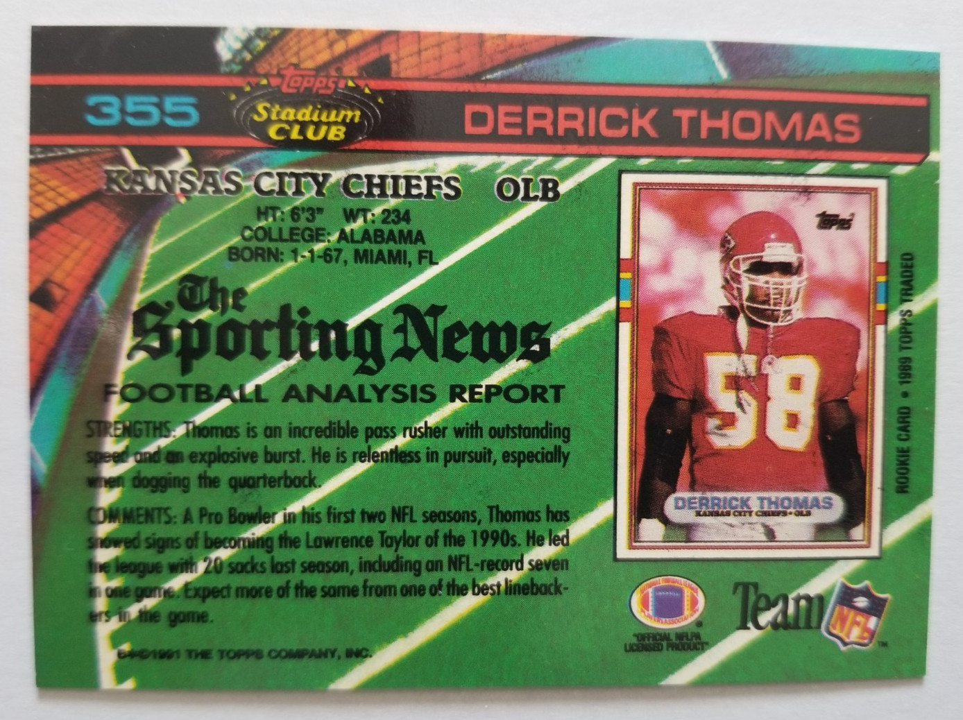 Derrick Thomas 1991 Topps Stadium Club #355 Kansas City Chiefs
