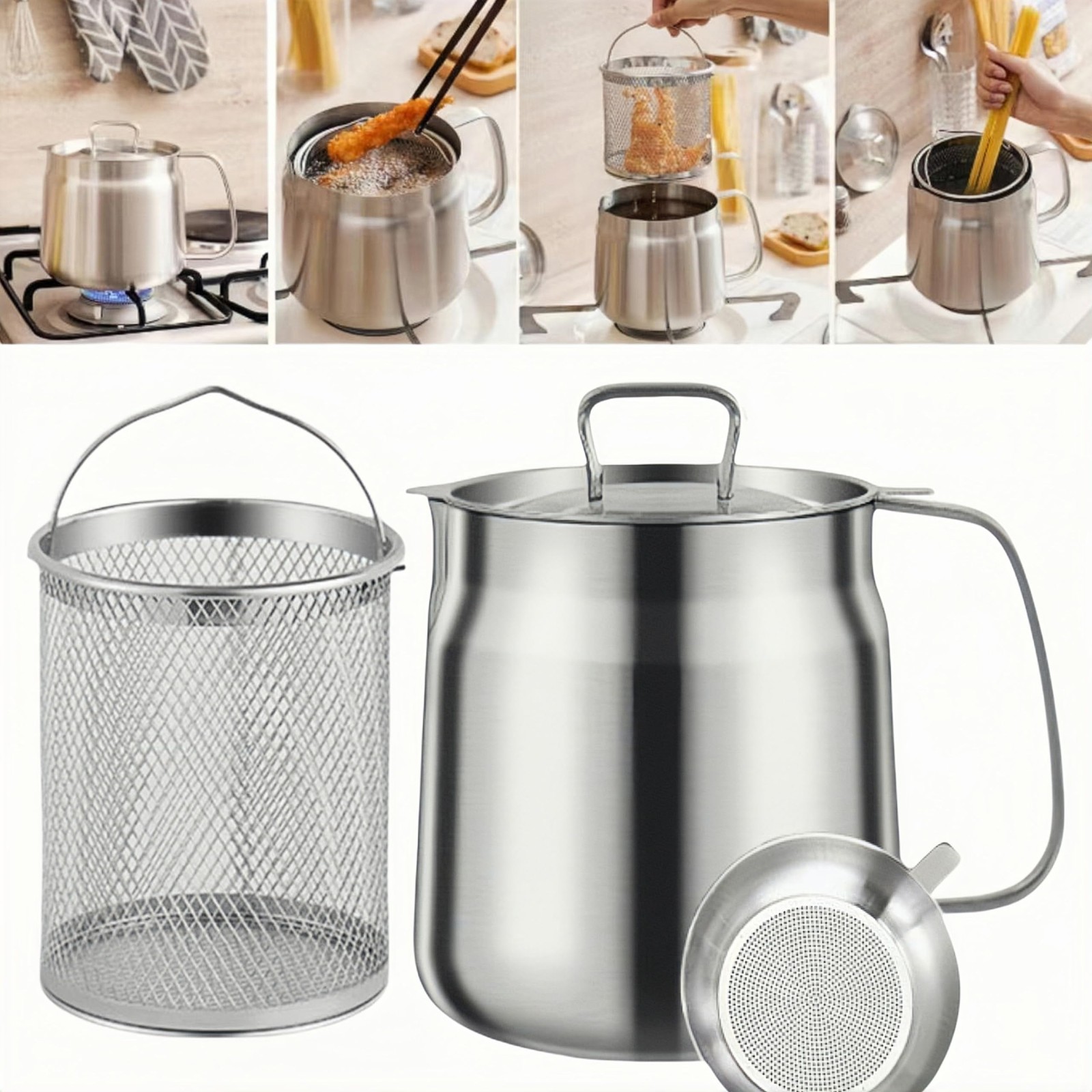 50oz 304 Stainless Steel Deep Fryer Pot with Basket & Strainer, Large Capacity